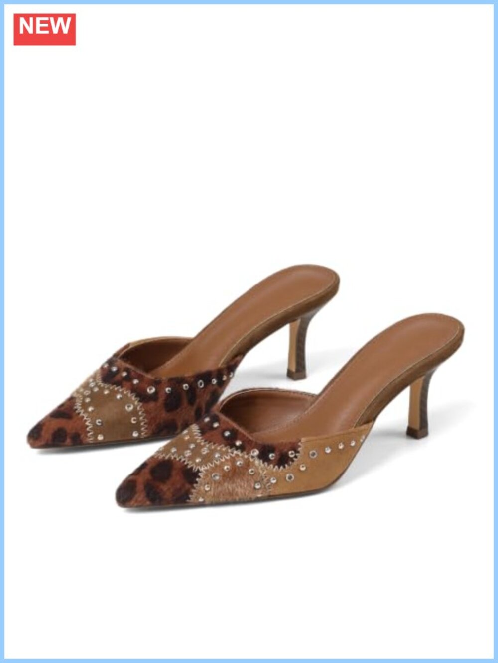 Kitten Heel Mules Pointy Toe Studded Faux Suede Slip-On Heels